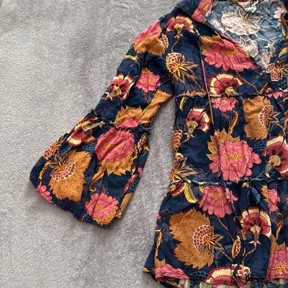 Jaase Bell Hippie Sleeve Pink Blue Floral‎ Boho Hippie Top/Blouse Size Medium - Picture 3 of 10